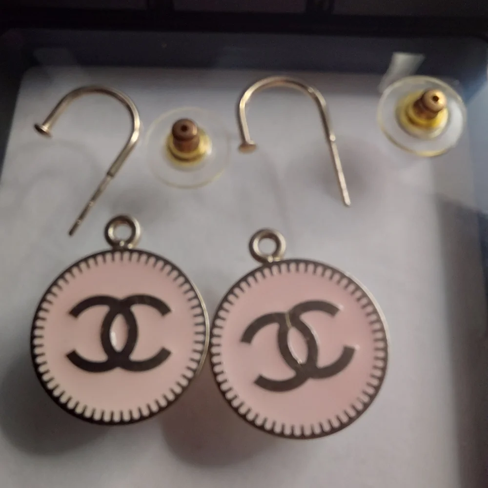Auth CHANEL Gold & Pink CC Coco Camelia Dangle Drop Hoop Pierced Earrings EUC!